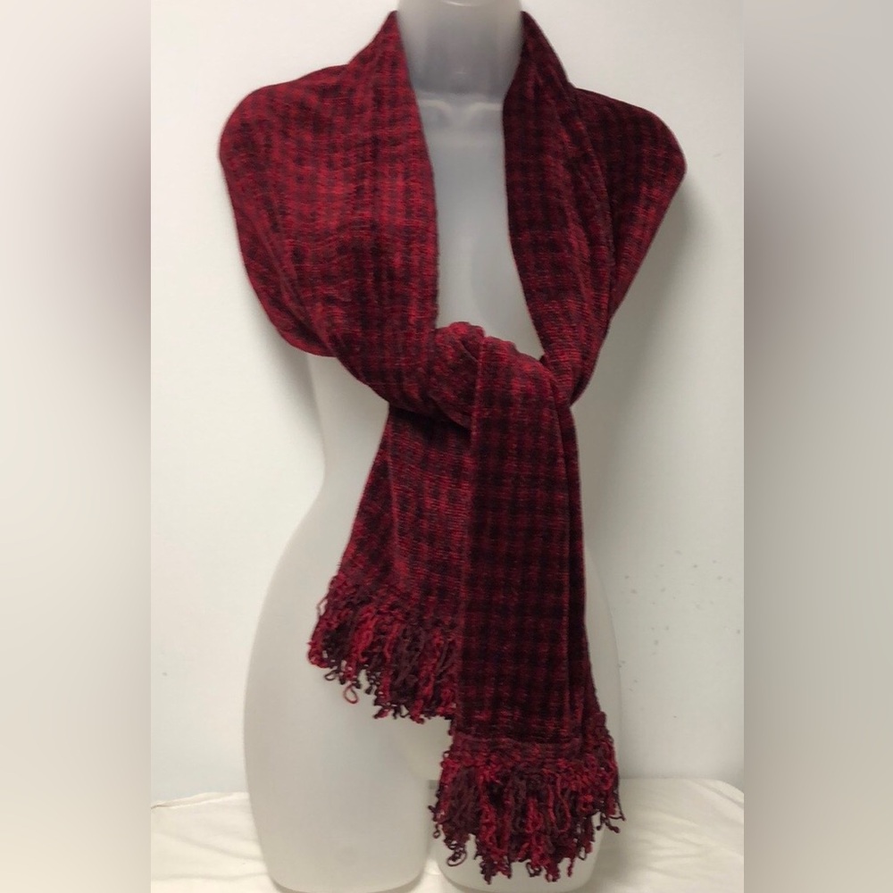 VTG Chenille Long Fringe Scarf checker Burgundy Pattern